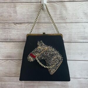 VINTAGE 1950s SOURE BEADED HORSE HEAD BAG IN BLACK